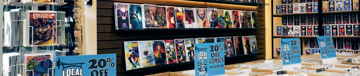 New comics, back issues, Funko Pop figurines, and the occasional special sale.